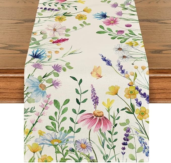Artoid Mode Daisy Eucalyptus Lavender Floral Leaves Summer Table Runner by ArtoidMode