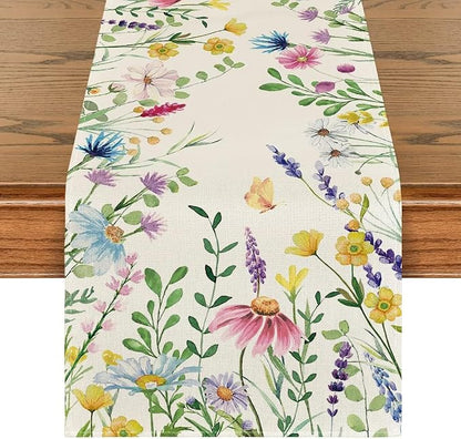 Artoid Mode Daisy Eucalyptus Lavender Floral Leaves Summer Table Runner by ArtoidMode