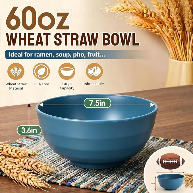 Wheat Straw Bowls 60oz, Unbreakable Ramen Bowl Set of 8, Large Plastic Bowls - Image 2