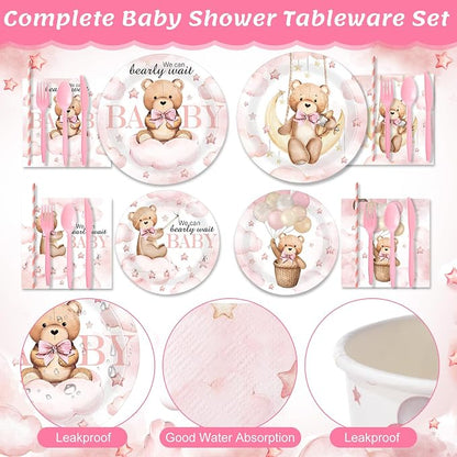 450 Pcs Pink Bear Baby Shower Tableware Set Decorations, Serves 50 | We Can - Image 3