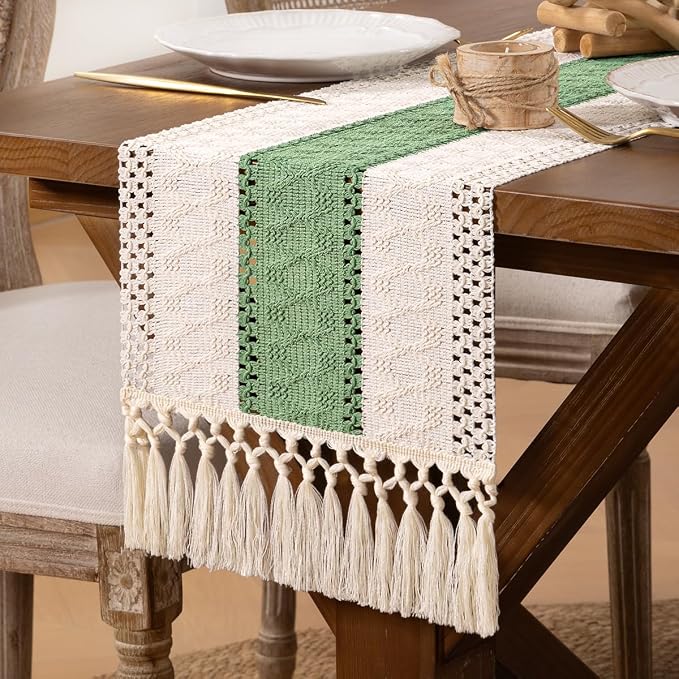 DeZerlor Boho Macrame Table Runner Spring Easter Farmhouse Woven Small Table by DeZerlor