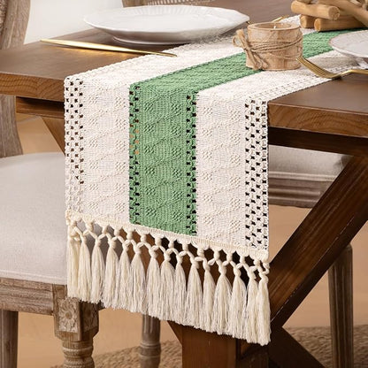 DeZerlor Ivory&Sage Green Boho Macrame Farmhouse Woven Table Runner 108In | by DeZerlor
