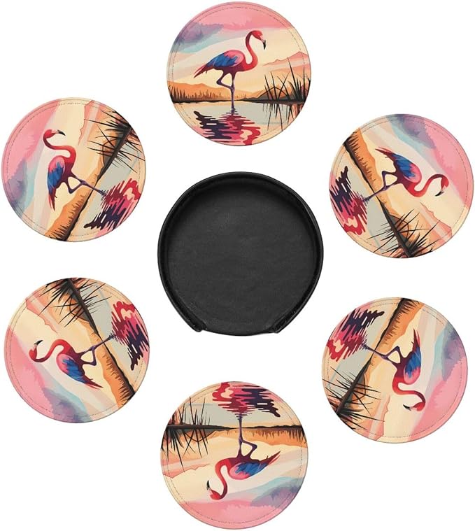 6 Pcs Pink Cute Flamingo Modern Art Boho Leather Coasters - Image 7