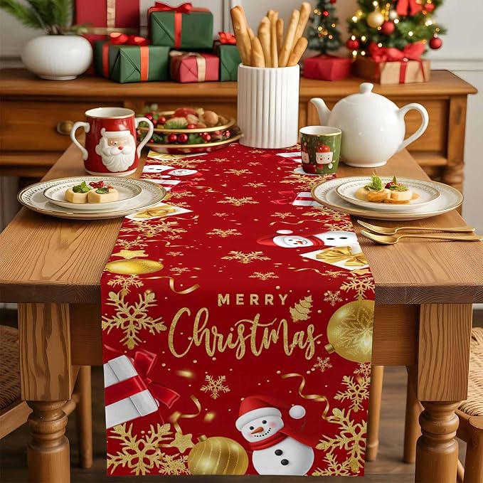 Merry Christmas Table Runner 72 Inches Long, Xmas Balls Snowman Snowflake Table - Image 5