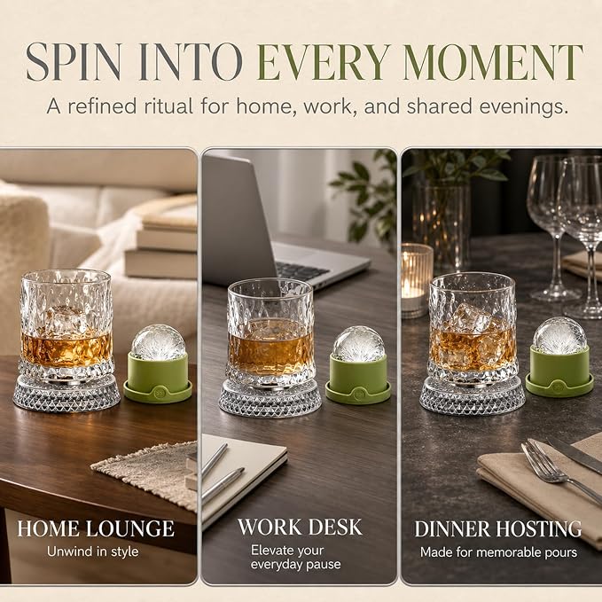 360° Rotating Whiskey Glasses Set of 2, Vintage Crystal Tumblers - Image 4