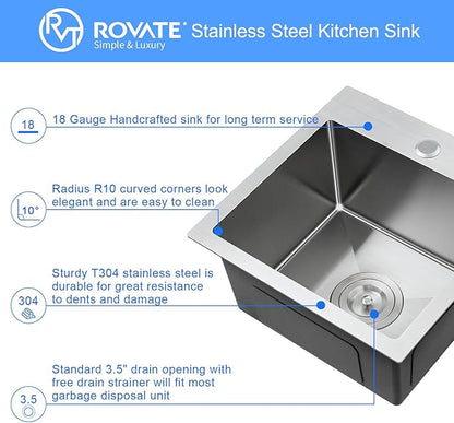 ROVATE 18 × 18 x 9 inch Drop in Kitchen Sink, 304 Stainless Steel Top-mount Kitchen Bar Sink Single Bowl, Small Overmount Handmade Bar Sinks with Basket Strainer