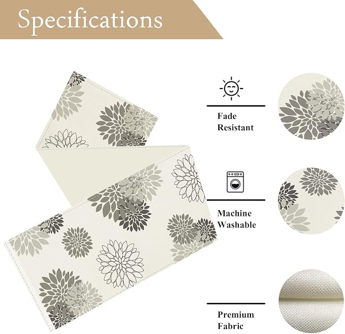 Gray Dahlia Table Runner Modern Elegant Flower Beige Table Runners Geometric - Image 5