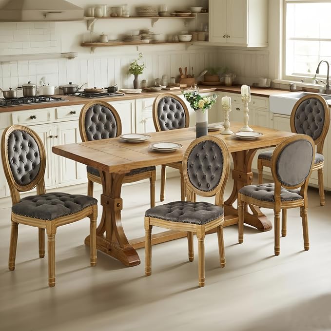 SoarFlash French Dining Chairs Set of 4, Vantage Dining Chair with Round Back, Wood Leg Farmhouse Country Velvet Dining Chair for Kitchen,Bedroom,Grey