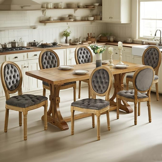 SoarFlash French Velvet Dining Chairs Set of 6, Vantage Dining Chair with Round Back, Wood Leg Farmhouse Country Dining Chair for Kitchen,Bedroom,Grey