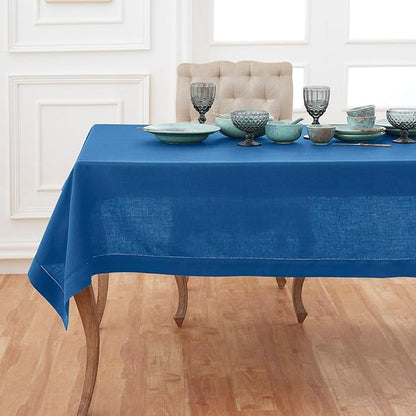 Solino Home Linen Square Tablecloth 52 x 52 Inch - 100% Pure Linen Indigo Blue Table Throw - Classic Hemstitch, Machine Washable Table Cloth for Spring, Easter