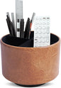 Hennaja Round Leather Art Supply Organizer,Remote Control Holder,360 Degree Spinning,Multi-Functional Pencil Holder,4 Compartments Desktop Stationary Organizer(1-Crazy Brown)