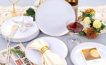 Festiva 50Pcs Gold Plastic Plates - 9 Inch White Plastic Plates with Gold Rim - Disposable Dinner Plates - include 50 salad&pasta Plate Perfect for Party&Wedding&Thanksgiving &Christmas