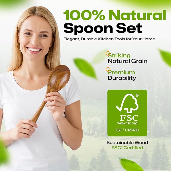 Teak Wooden Salad Spoon, Durable Wooden Serving Spoon, Nonstick-Safe Wooden - Image 2