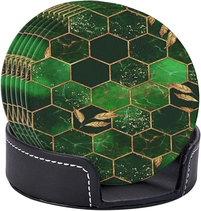 6 Pcs Leaves Marble Honeycomb Plaid Geometric Abstract Green Leather Coasters - Image 6