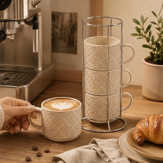 6 Oz Coffee Cups with Stand, Stackable Espresso Cups Set of 4, Ceramic - Image 4