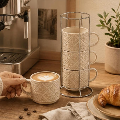 6 Oz Coffee Cups with Stand, Stackable Espresso Cups Set of 4, Ceramic - Image 4