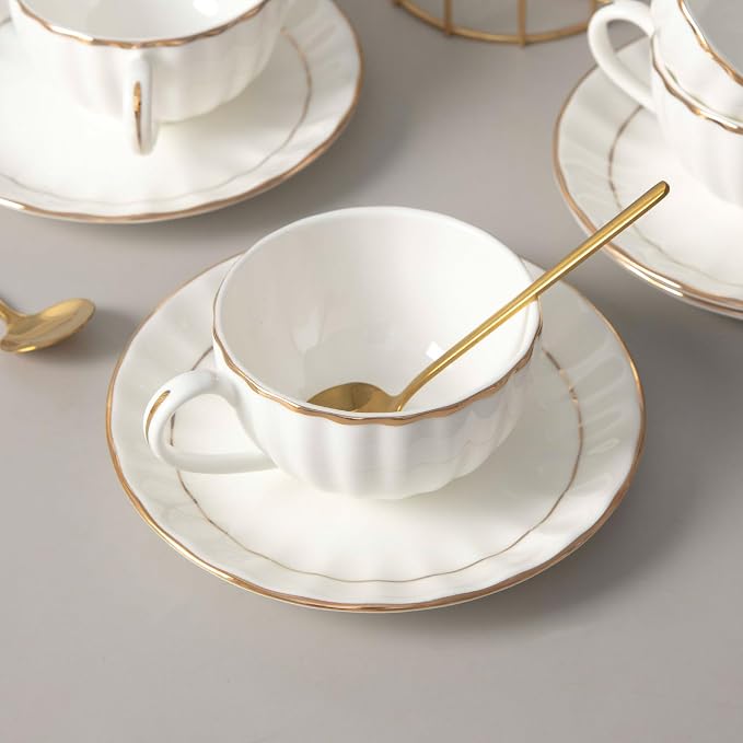 Bone China Tea Cups and Saucers Set – White Luxury Fine Porcelain Mugs - Image 3