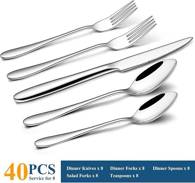Silverware Set, 40-Piece Flatware Set, Wildone Stainless Steel Tableware - Image 2