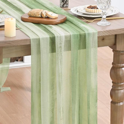 Artoid Mode Boho Green Stripes Spring Chiffon Table Runner 120 Inches 10FT by ArtoidMode