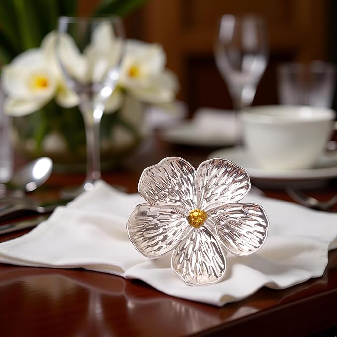 Flower Silver Napkin Rings Set of 50, Shiny Floral Napkin Ring Metal Holder | - Image 2