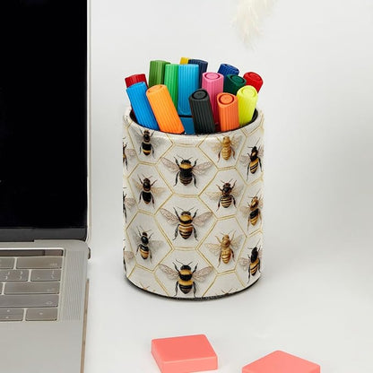 Leather Pen Holder for Desk, Honeycomb Bees Pencil Cup Pen Organizer Makeup - Image 5