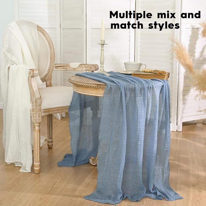 Artoid Mode Boho Cheesecloth Gauze Smoky Blue Wedding Table Runner, 120 Inch - Image 4