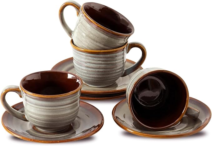 HASENSE Ceramic Tea Cups and Saucers, 8oz Cappuccino Cups Set of 4, Espresso by Hasense