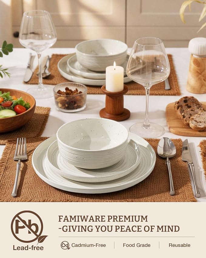 Stoneware Dinnerware Sets for 8, Plates and Bowls, Cream | 24-Piece Ceramic - Image 2