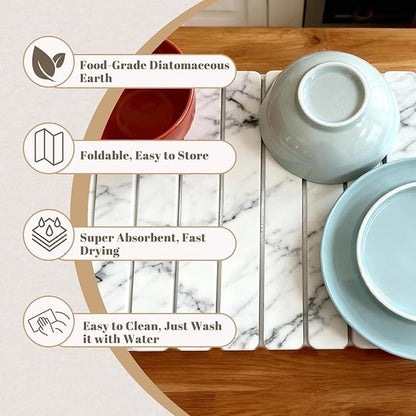 Large Stone Drying Mat for Kitchen Counter, Collapsible Dish Drying Mat Quick Drying Super Absorbent Diatomaceous Earth Mat, Drain Pad for Dishes Bottles Cups Match Any Countertop 24" x 16"