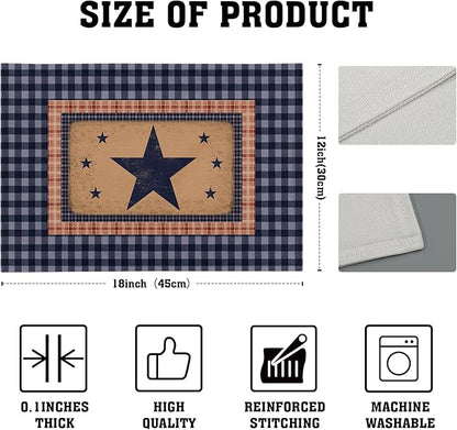 Western Placemat Set of 4 Primitive Stars Linen Washable Place Mat 18 x 12 Inch Navy Blue Red Classic Buffalo Plaid Decorative Farmhouse Country Desktop Decor Table Mat for Party Dining Kitchen Indoor