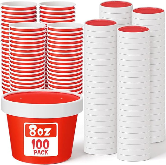 Fulmoon 100 Pack Paper Soup Containers with Lids Disposable Paper Food Containers with Vented Lid Kraft Ice Cream Cake Dessert Cups Soup Bowl for Party Hot Food Fruit Microwave(8 oz,Red)