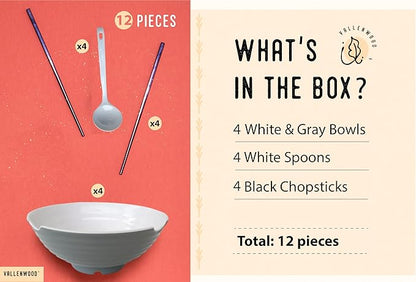 4 XL Gray White bowl set, 12 Pieces Ramen Bowls. Asian Japanese soup with Spoons and Chopsticks. Restaurant Quality Melamine, Large 52 oz for Noodles, Pho, Udon, Thai, Chinese dinnerware, 9 inch