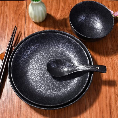 4-Piece Ceramic Dinnerware Set, Plate, Dish, Bowl, Spoon, Japanese Hand-painted Tableware set, A Good Tableware (Black)