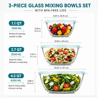 Luvan Glass Mixing Bowls with Lids Set-Large Glass Mixing Bowls, Food Prep - Image 2