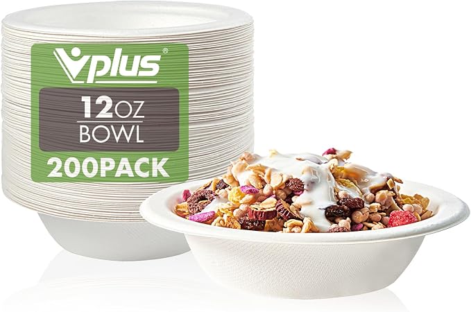 Vplus 200 Pack 12 OZ Compostable Paper Bowls, Bagasse Bowls，White | Disposable by Vplus