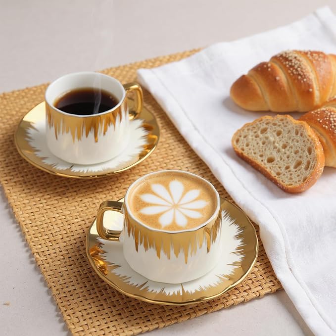 Coffee Cup Set of 6 with Saucers, 3.5 OZ Ceramic Espresso Cups Set, Cafe Mocha - Image 3