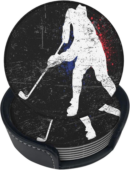 6 Pcs Vintage Ice Hockey Player Leather Coasters by NiuKom