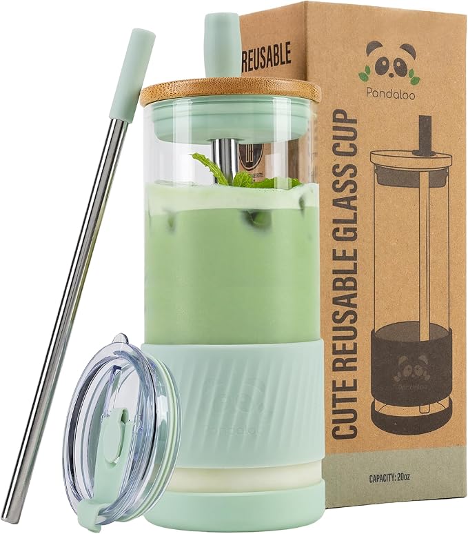 Pandaloo® Glass Cups With Lids and Straws -20 Fl Oz- Perfect Size Iced Coffee by Pandaloo