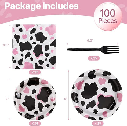 100 Pcs Disposable Pink Cow Print Tableware Set - Image 2