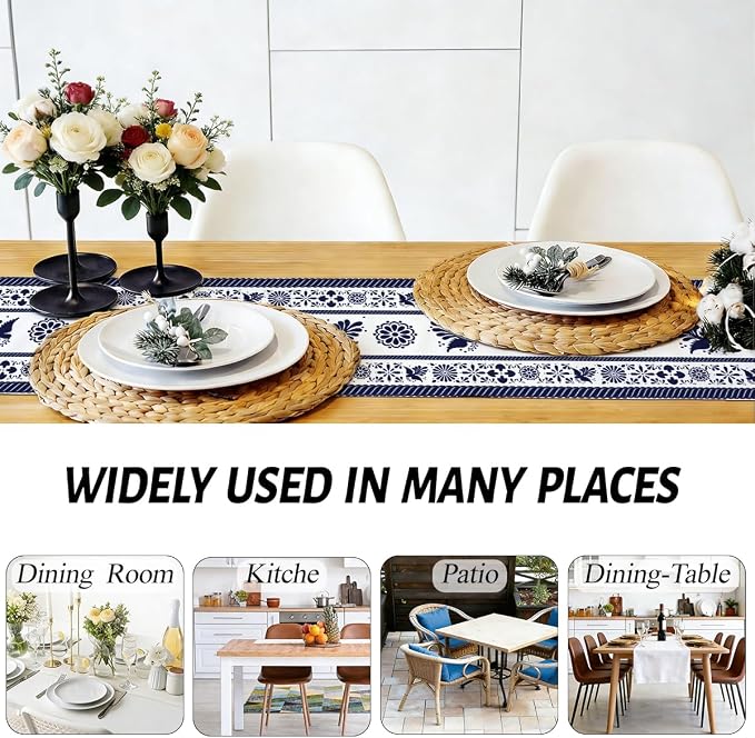Blue Birds Flowers Mexican Table Runner Spring Floral Decor | Blue Patchwork - Image 5