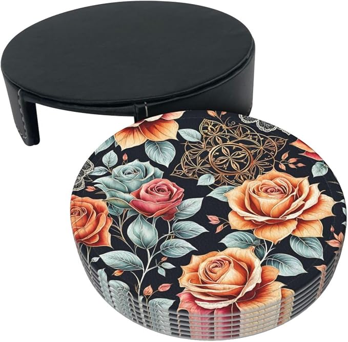 Drink Coasters with Holder Stand Set of 6, Roses Flower Vintage Pu Leather - Image 9