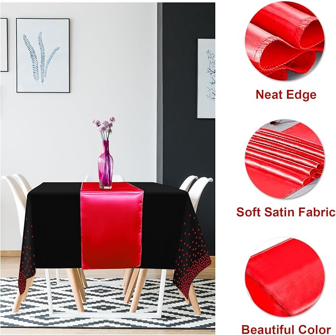 16Pack Disposable Plastic Party Tablecloths and Satin Table Runner Set Black - Image 3