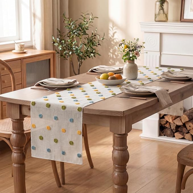 Artoid Mode Yellow Blue Green Pom Pom Tulle Table Runner, Seasonal Washable - Image 5