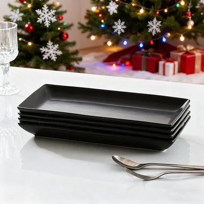 Gomakren Serving Platter Serving Dishes, 14 Inch Porcelain Serving Trays for Party, Large Serving Platters and Trays, Rectangular Sushi Plates for Entertaining Thanksgiving Christmas, Set of 4, Black