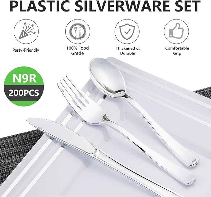 200PCS Silver Plastic Silverware, Disposable Utensils & Cutlery | 100 Forks - Image 4