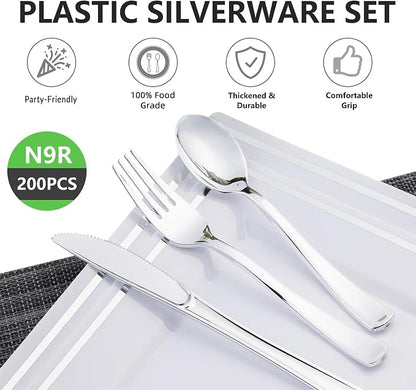 200PCS Silver Plastic Silverware, Disposable Utensils & Cutlery | 100 Forks - Image 4