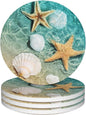 Coasters for Drinks,Starfish and Seashell On Beach Absorbent Coaster Set of 4 with Cork Base,Ceramic Drink Coasters for Cold Drinks Wine Glasses Cups Mugs,Housewarming Gifts for Home Decor