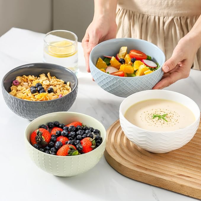 HASENSE Ceramic Cereal Bowls Set of 4, 26 OZ Soup Bowls, Embossed Stoneware - Image 7