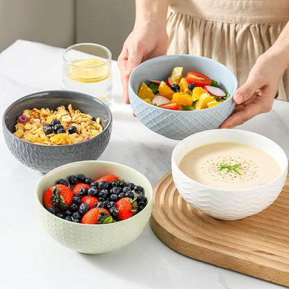 HASENSE Ceramic Cereal Bowls Set of 4, 26 OZ Soup Bowls, Embossed Stoneware - Image 7