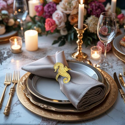 Decozen Set of 4 Gold Napkin Rings in Sea Horse Design, Festive, Table Decor Setting for Holiday, Wedding, Birthday, Kitchen, Home Decor, Housewarming Gift - Mothers Day Decorations